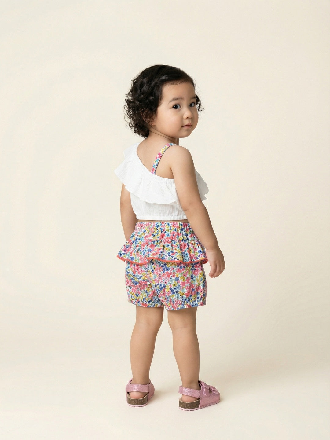 Nautinati Girls' Single-shouldered Top & All-over Floral Shorts Co-ord Set