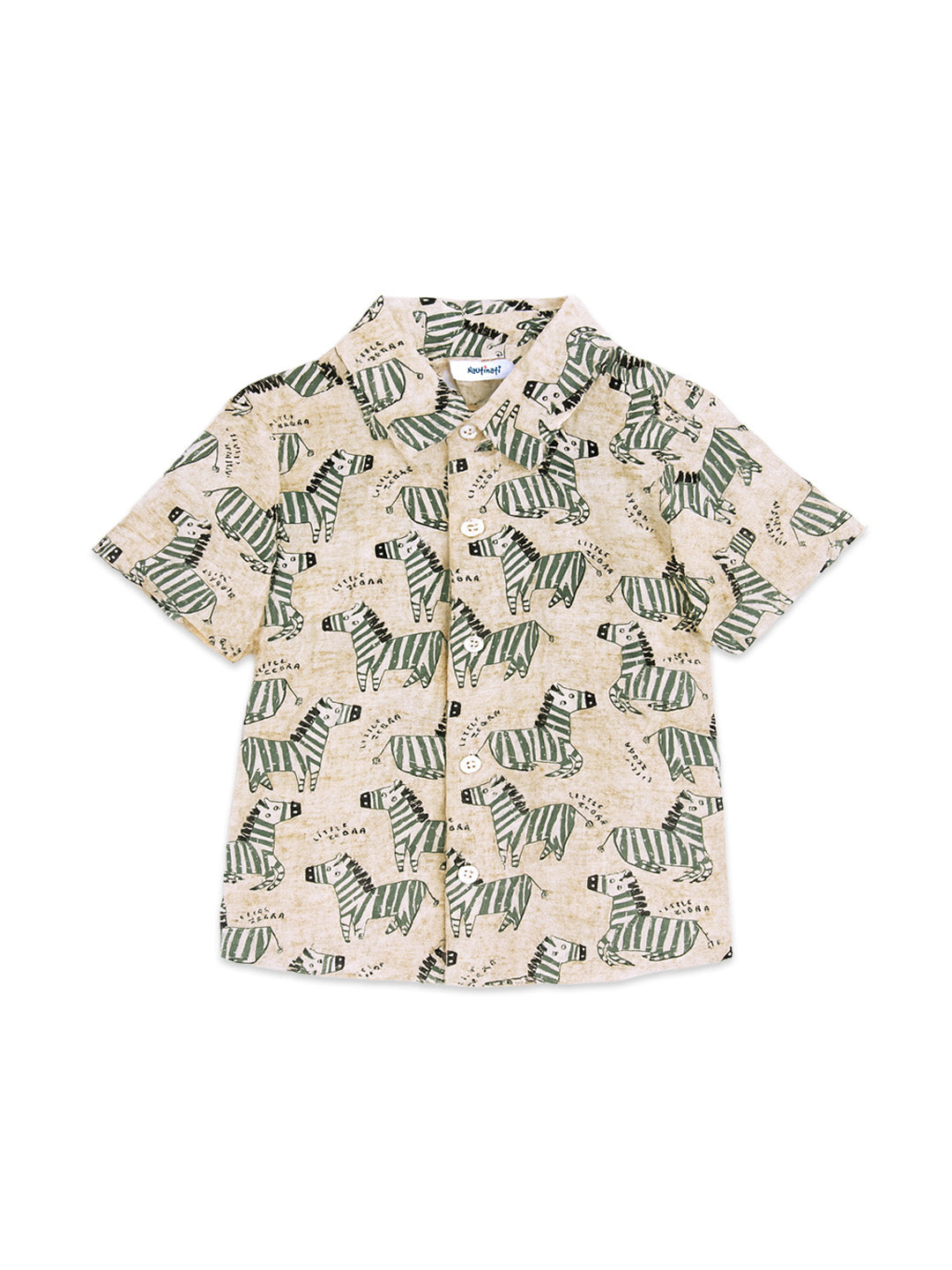 Nautinati Green & Cream Zebra Print Cotton Shirt And Shorts Set For Boys