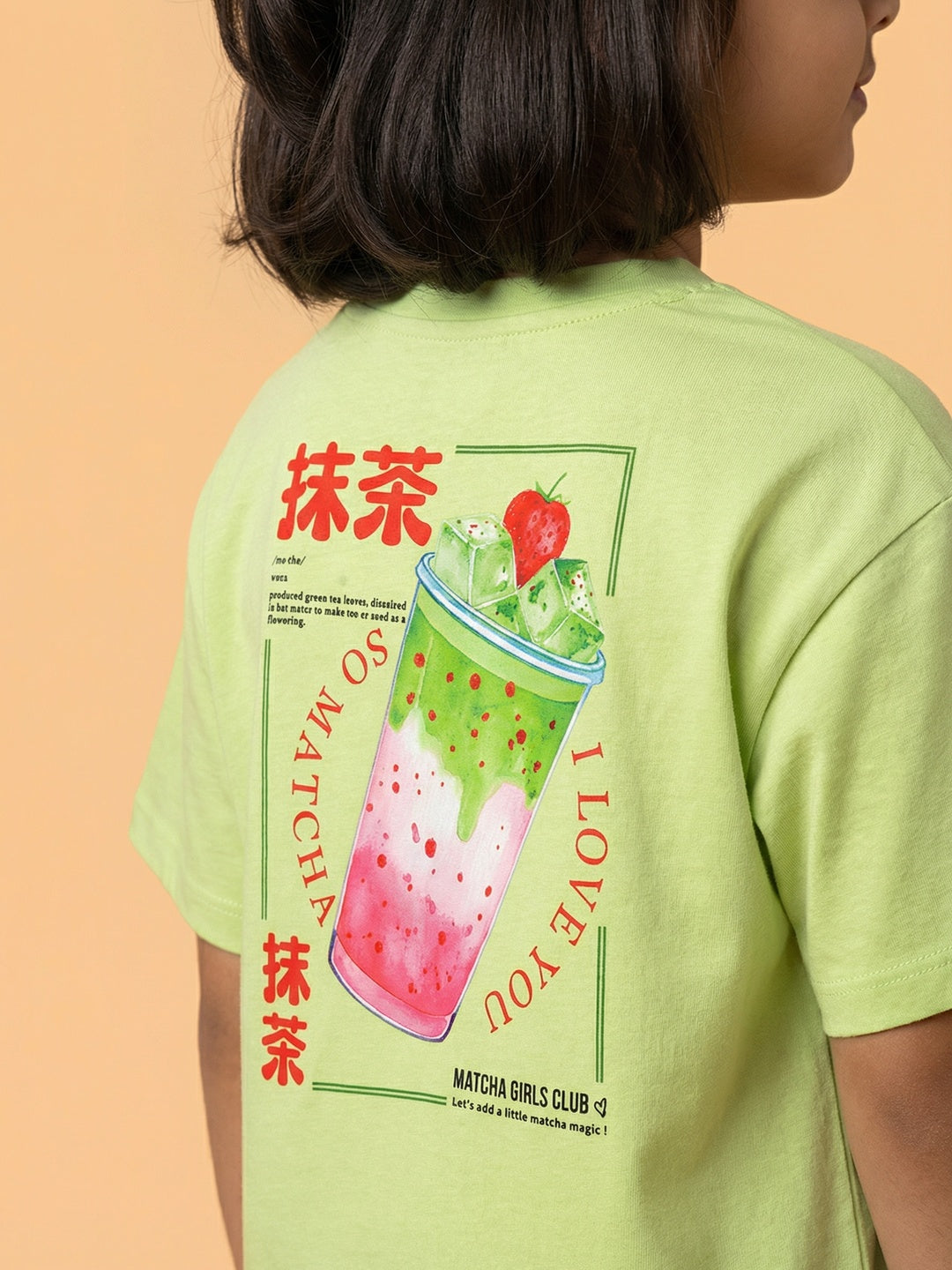 Nautinati Girls Matcha Print Oversized Crew Neck Green T-shirt and Biker Shorts Clothing Set