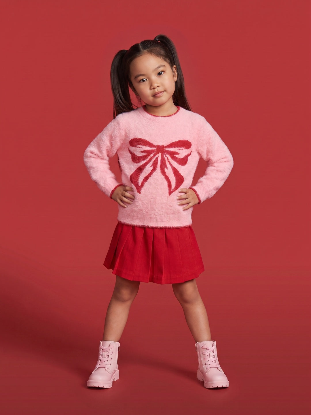 Nautinati Girls Relaxed Fit Fuzzy Bow Knit Sweater with Round Neck and Full Sleeves