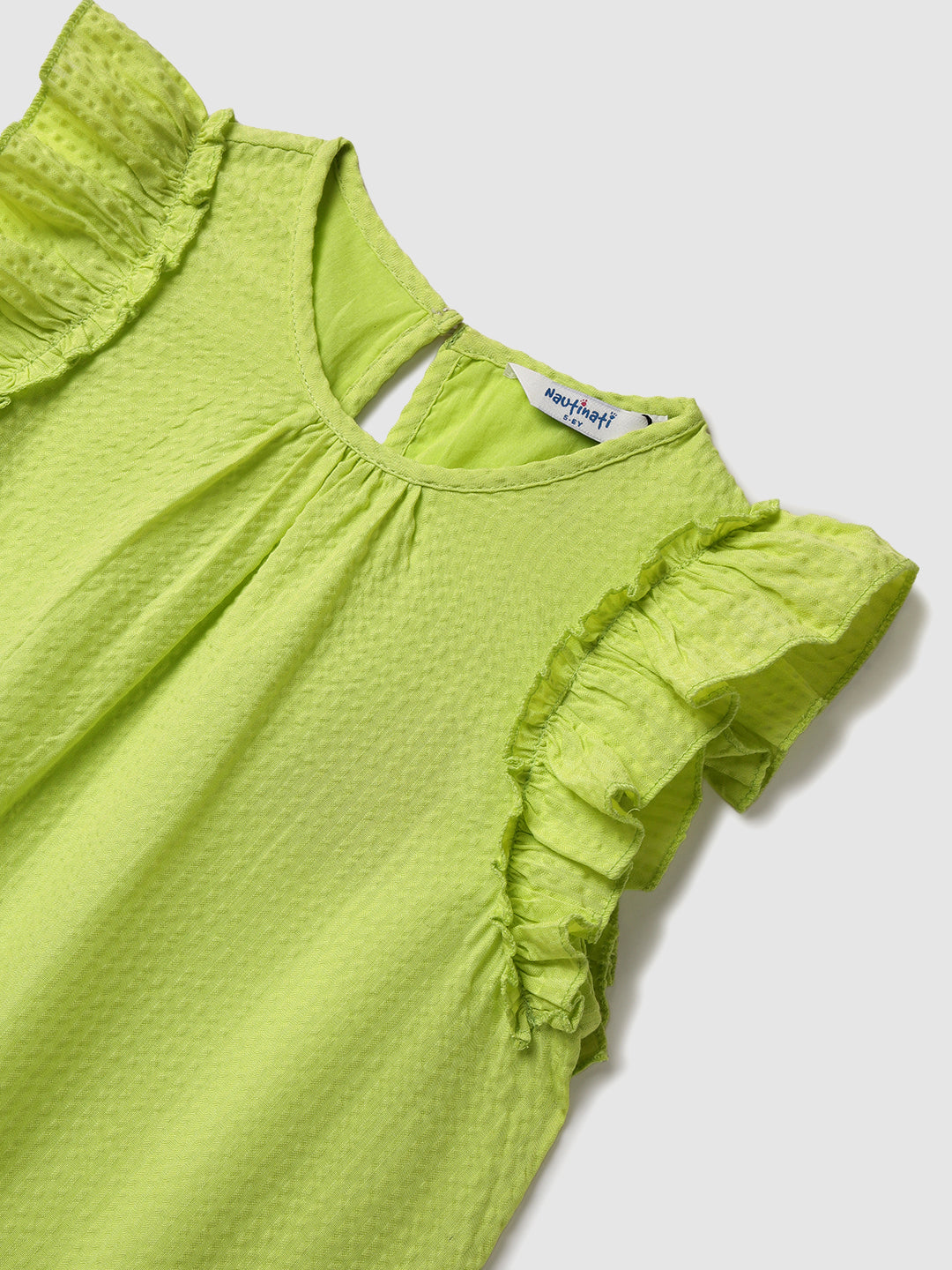 Nautinati Woven Lime Green Tiered Dress for Girls