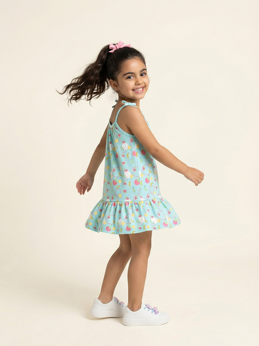 Nautinati  Girls Graphic Printed Relaxed Fit Tie-up Style Sleeveless Dress