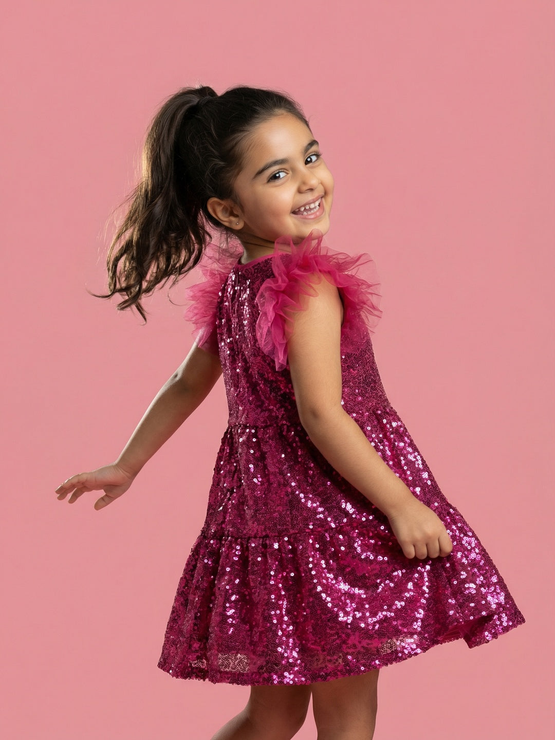 Nautinati Girls' Solid Sequinned A-line Party Dress with Ruffle Mesh Sleeves