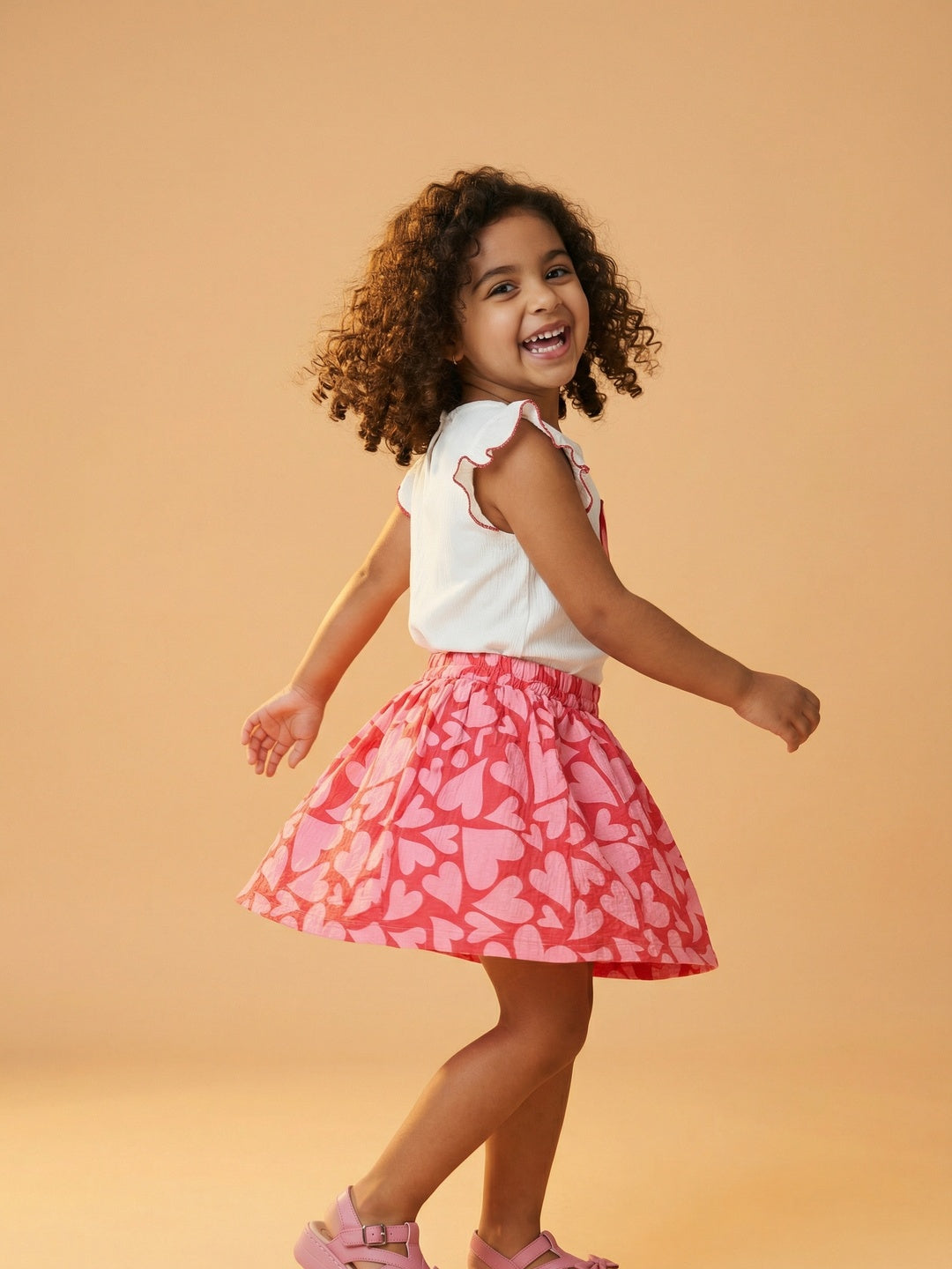 Nautinati Girls Red and White Top and Skirt Co-ord Set with Heart Applique and Print