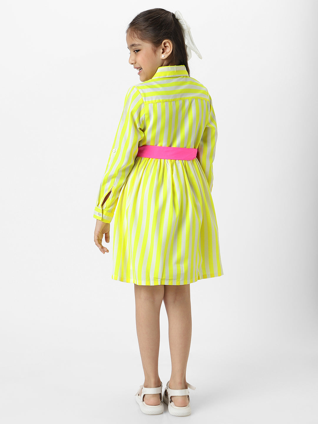 Nautinati Girls Yellow Striped Full Sleeves Collar Neck Casual Wear Knee Length Dress