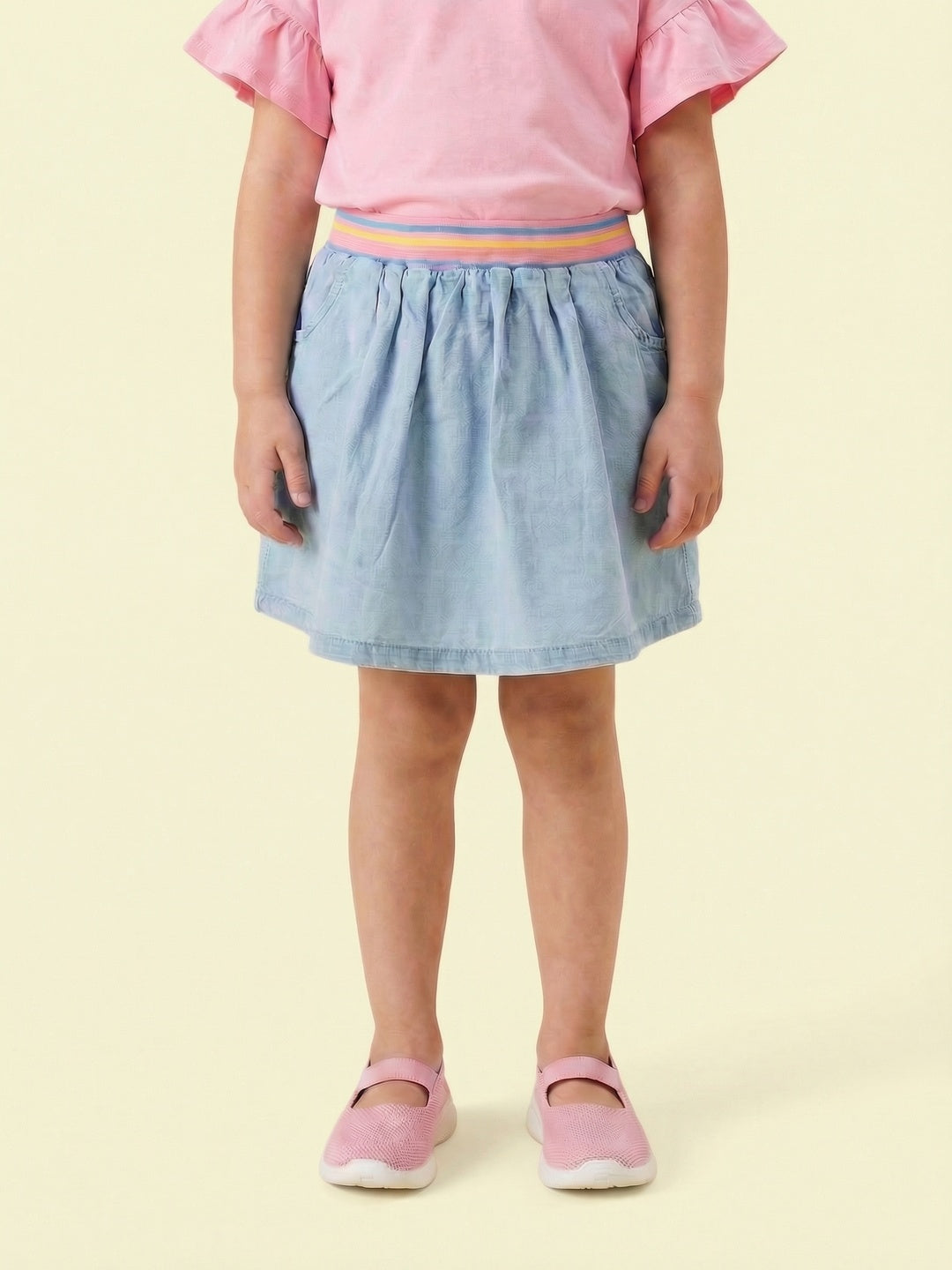 Nautinati Girls' 100% Cotton Mid-blue Wash Denim Skirt with Contrast-rib Waistband