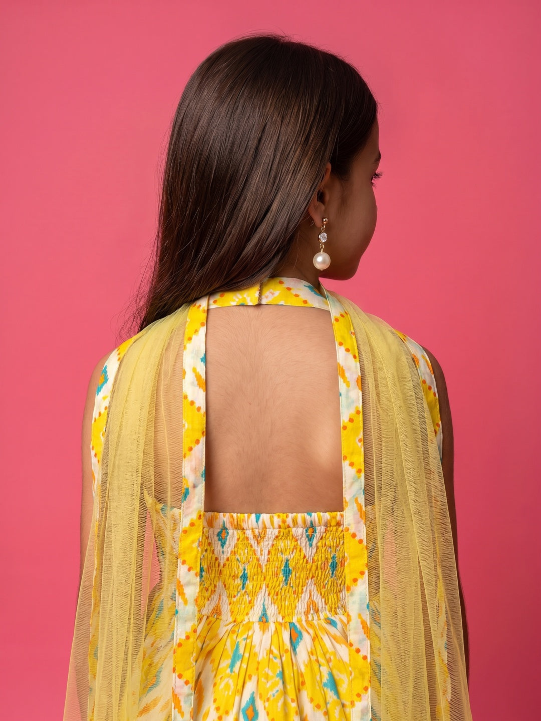 Nautinati Girls' 100% Cotton All-over Print Ikat Print Kurti with Wavy-striped Sharara & Net Dupatta