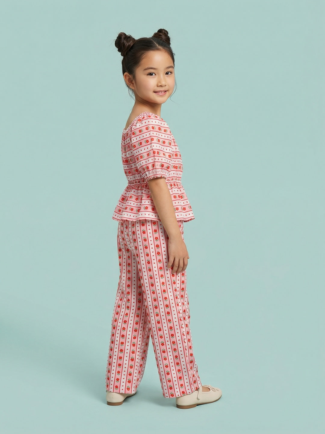 Nautinati Girls Valentine's Edition Red Floral Striped Peplum Top with Wide Leg Bottoms Co-ord Set