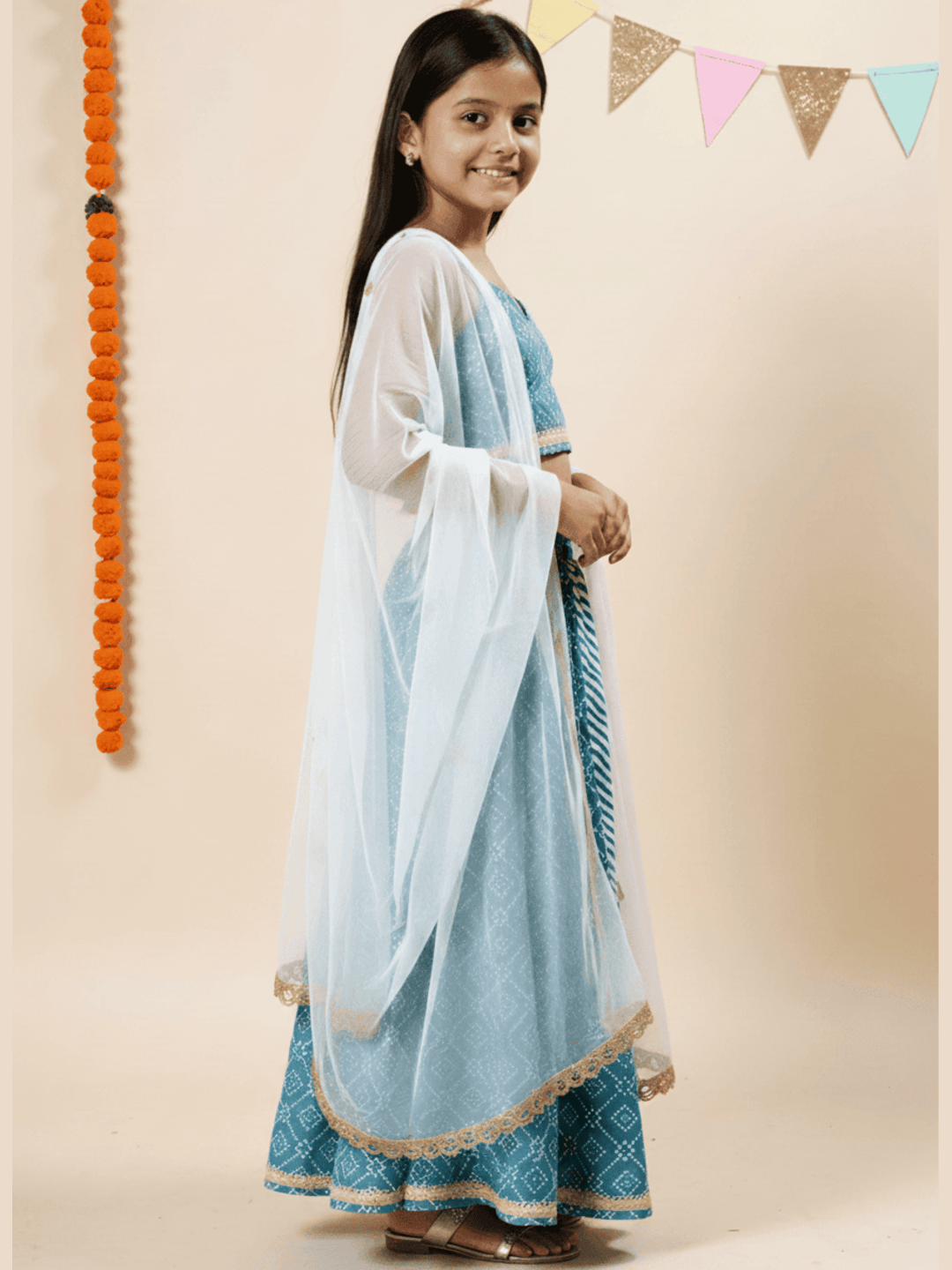Nautinati Blue Festive Blouse and Lehenga Set for Girls
