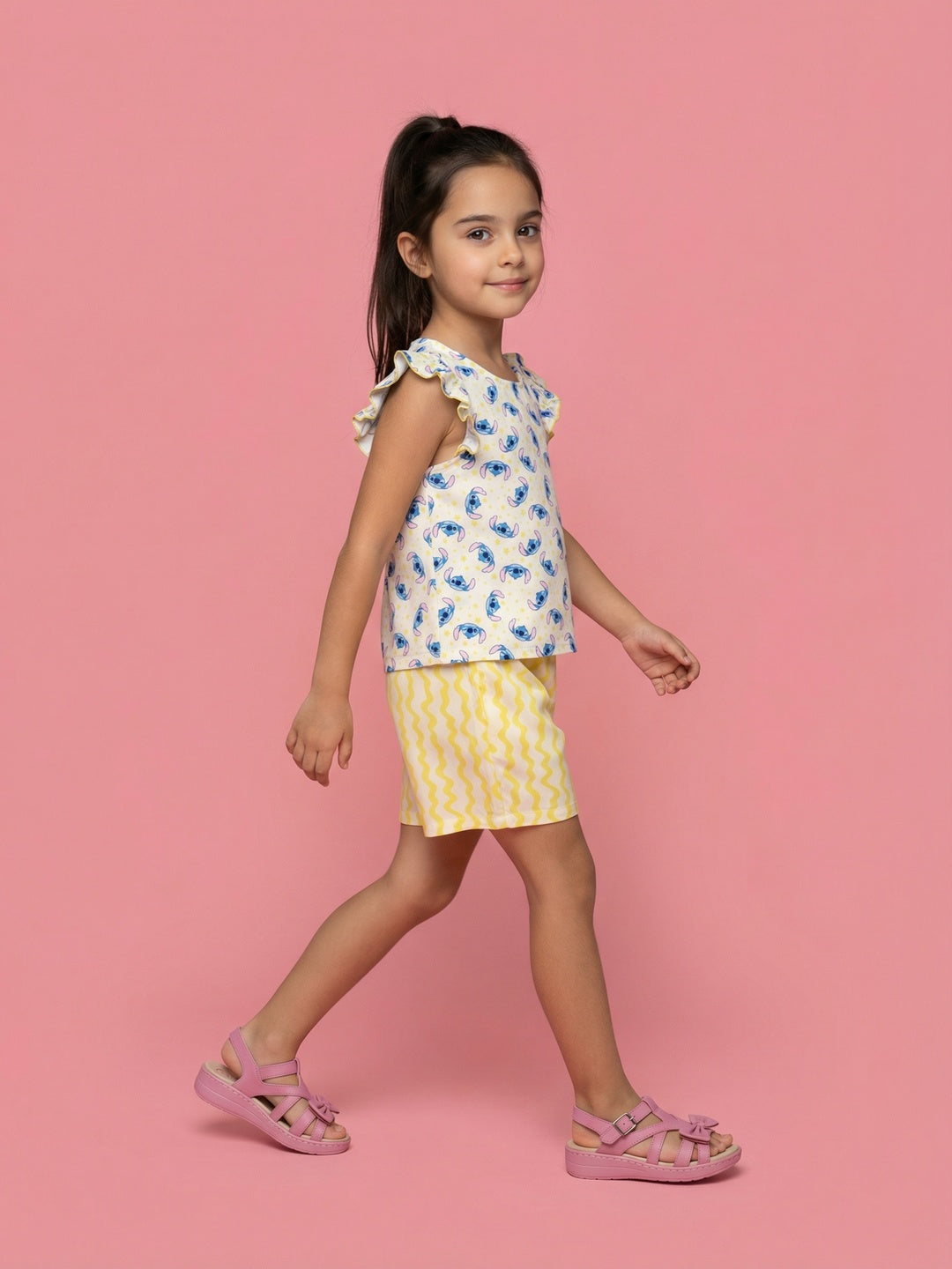 Nautinati Girls Lilo & Stich Printed Regular Fit Round Neck T-shirt and Shorts Clothing Set