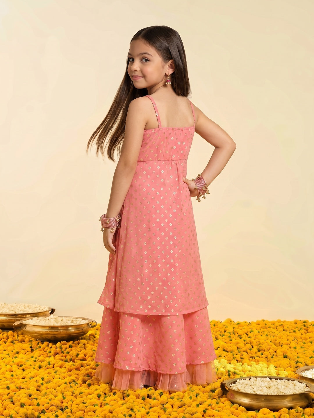 Nautinati Girls' Georgette Blend Ready-to-wear All-over Gold Toned Foil Print Lehenga & Blouse with Net Dupatta
