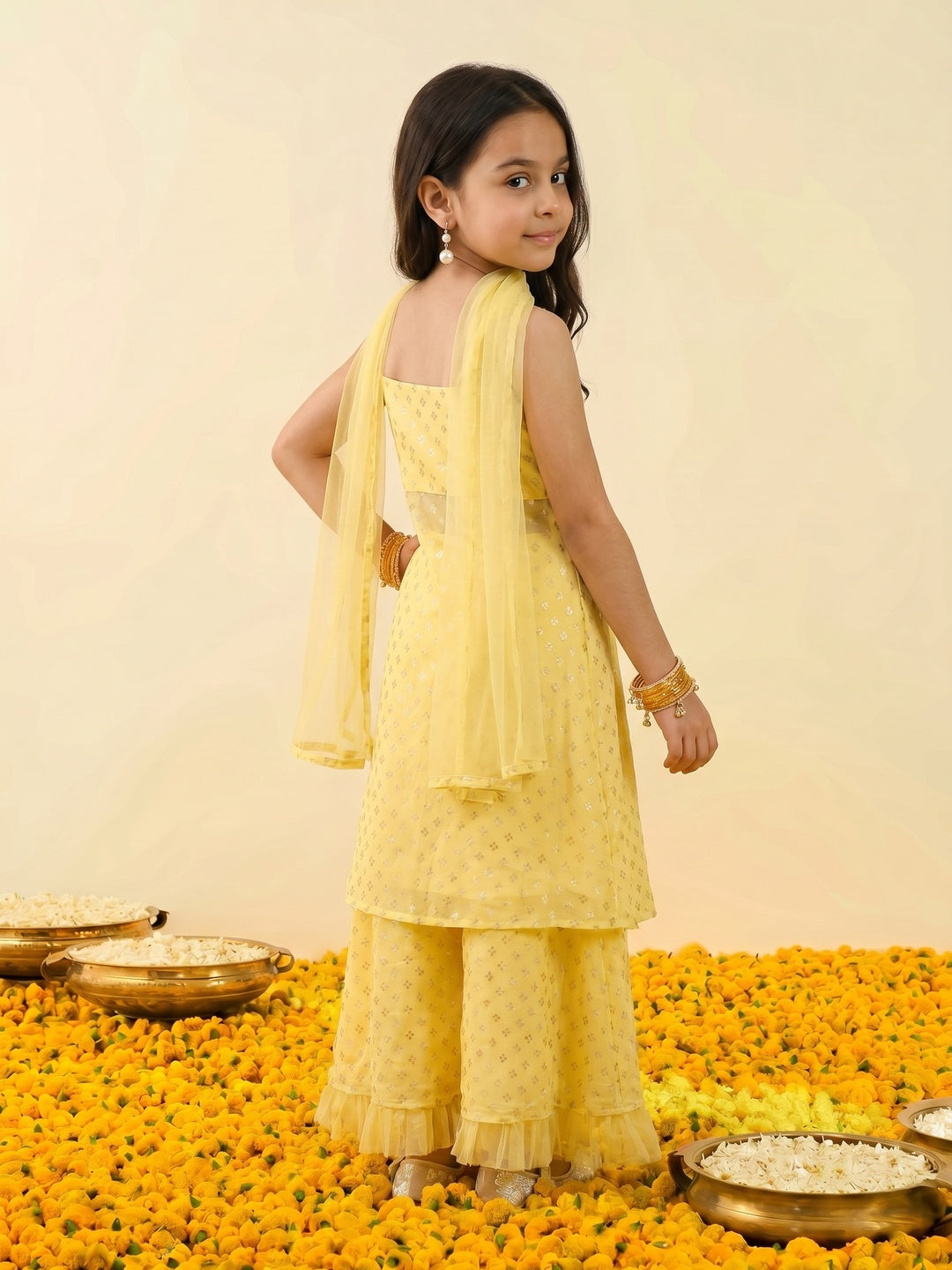 Nautinati Girls' Georgette Blend Ready-to-wear All-over Gold Toned Foil Print Lehenga & Blouse with Net Dupatta