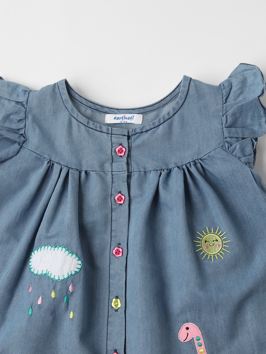 Nautinati Girls Cotton Embroideries and Sewn On Patches Flutter Sleeves Dress