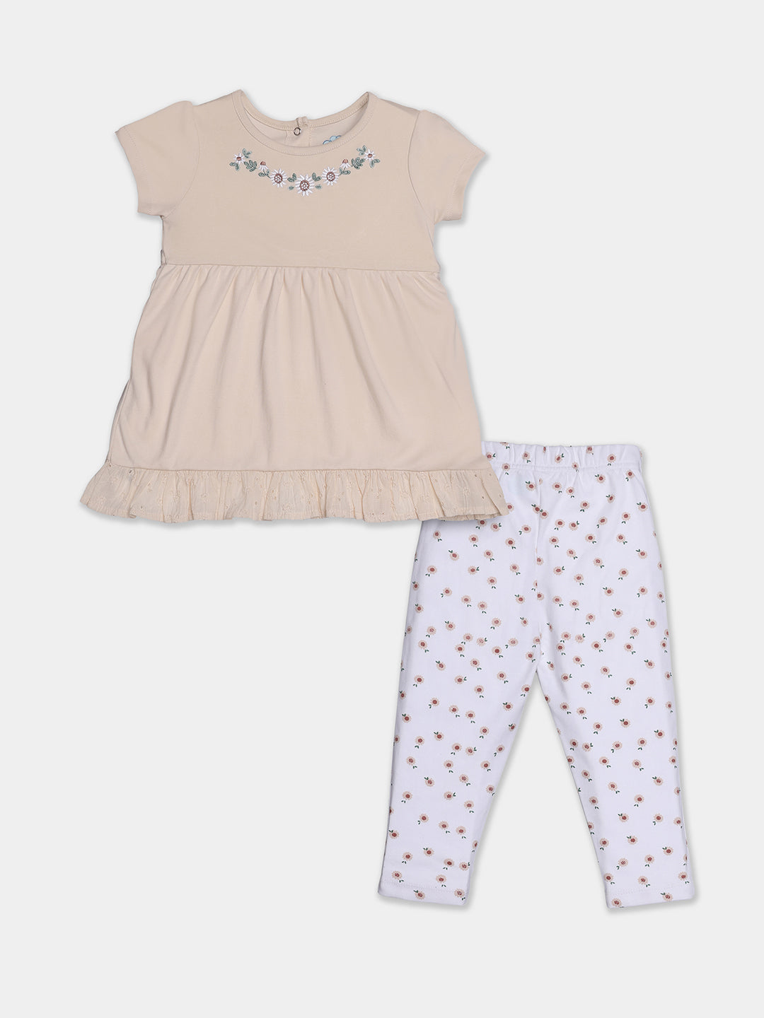 Nautinati Embroidered Cream Top And Floral White Leggings Set For Infant Girls