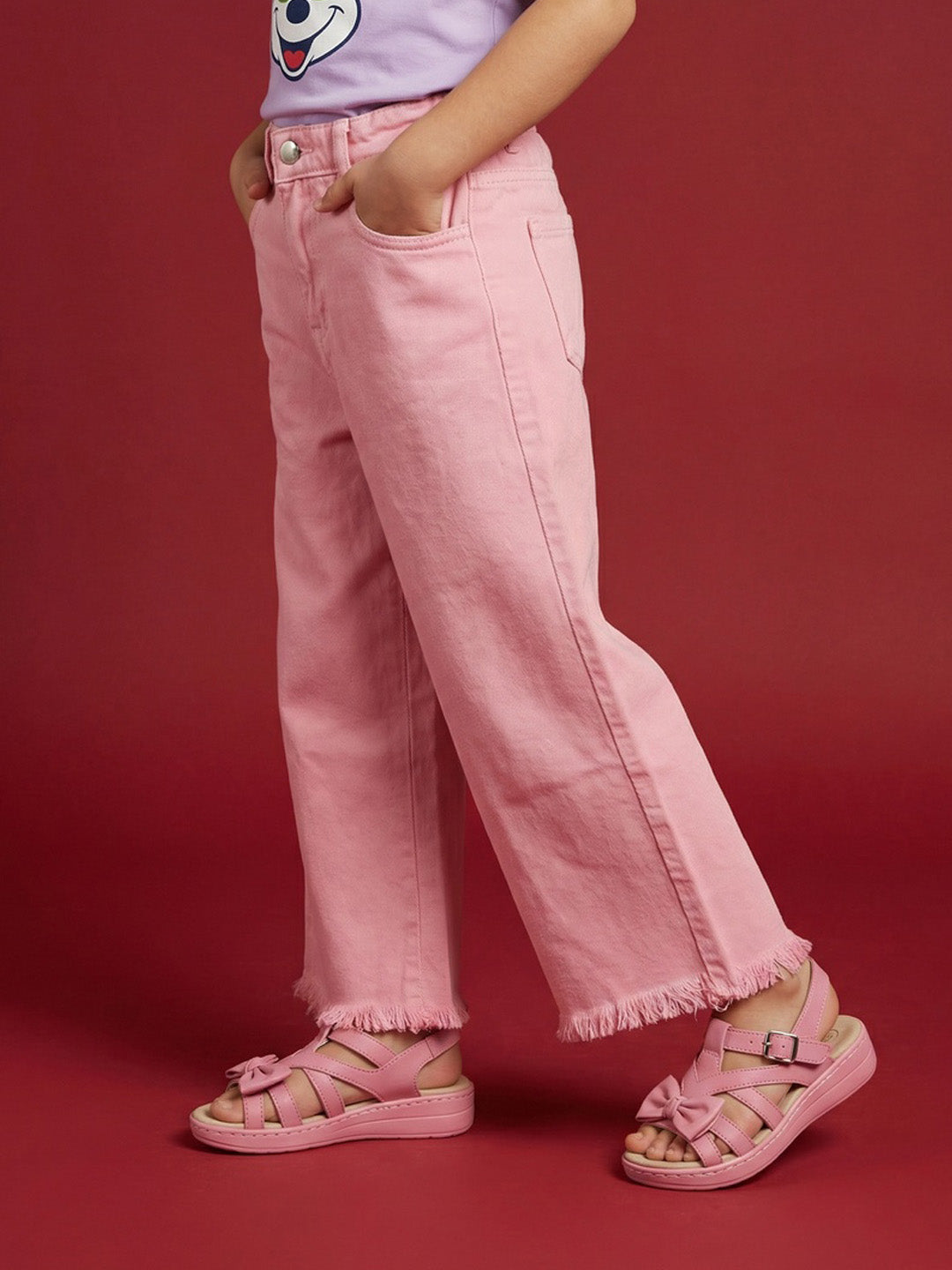 Nautinati  Girls' 100% Cotton Pink Overdyed Wide-leg Essentials Jeans