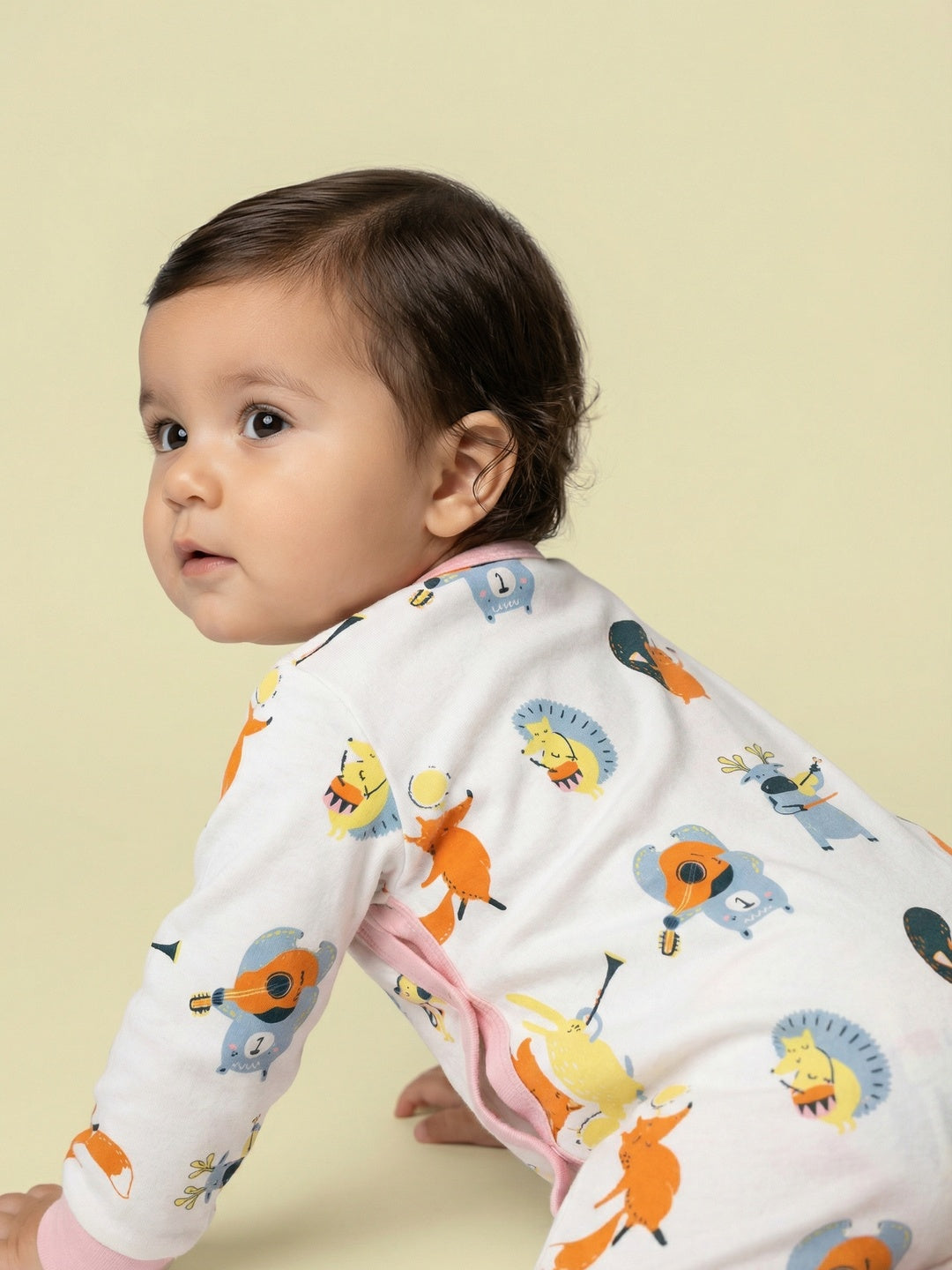 Nautinati Baby Girls' Cotton All-over Animal Printed Sleepsuit with Snap Buttons