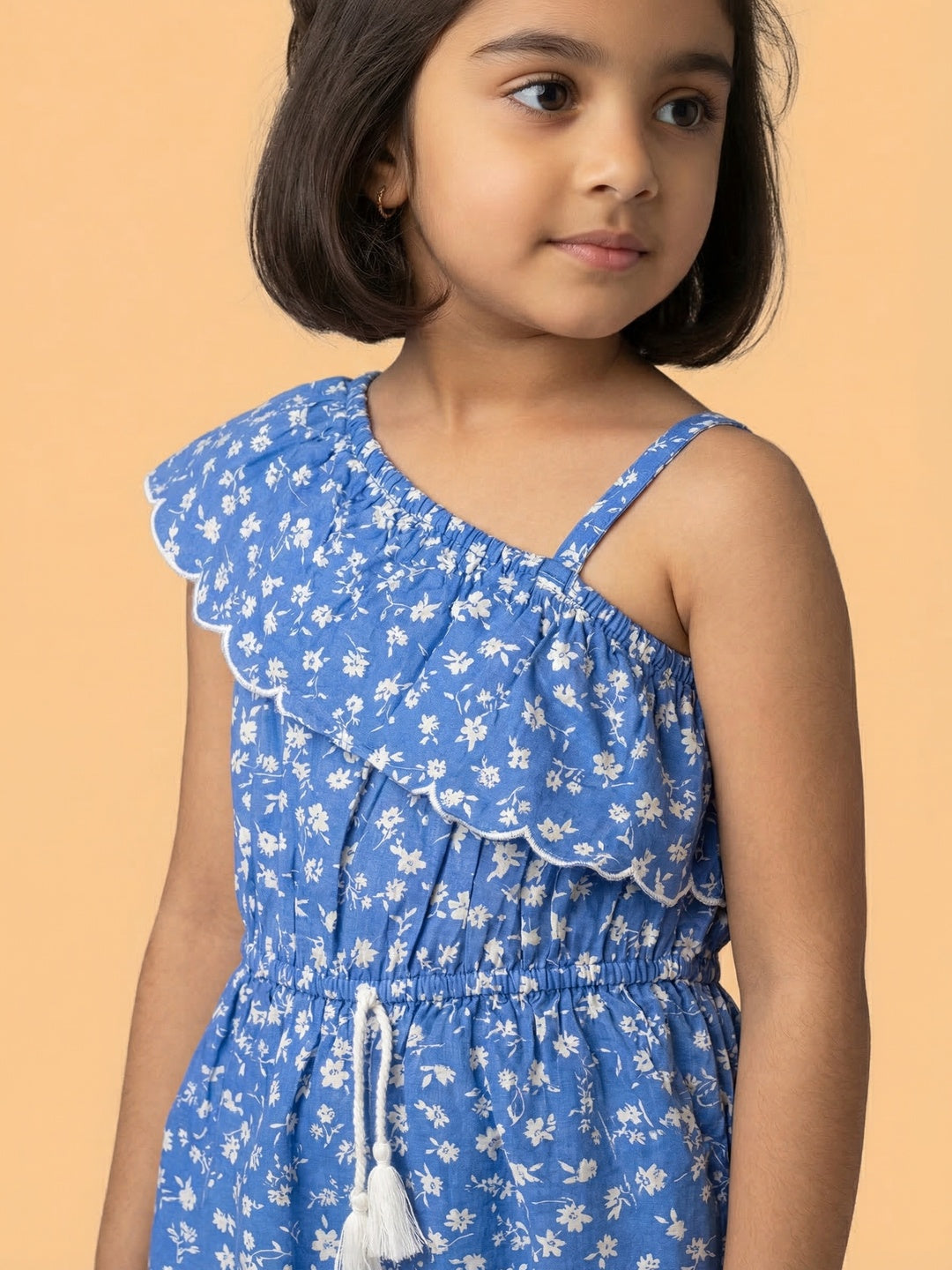 Nautinati Girls' 100% Cotton Asymmetric Off-shoulder Floral Print jumpsuit