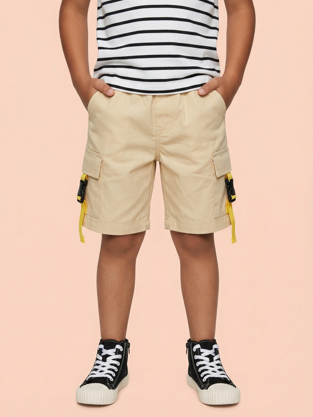 Nautinati Boys’ 100% Cotton Solid Cargo Shorts with Functional Strap & Buckle Details