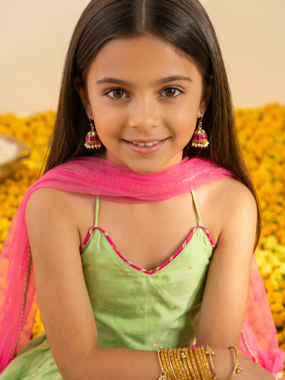 Nautinati Girls' All-over Gold Print Lehenga Choli Set with Net Dupatta & Gotta Patti Details