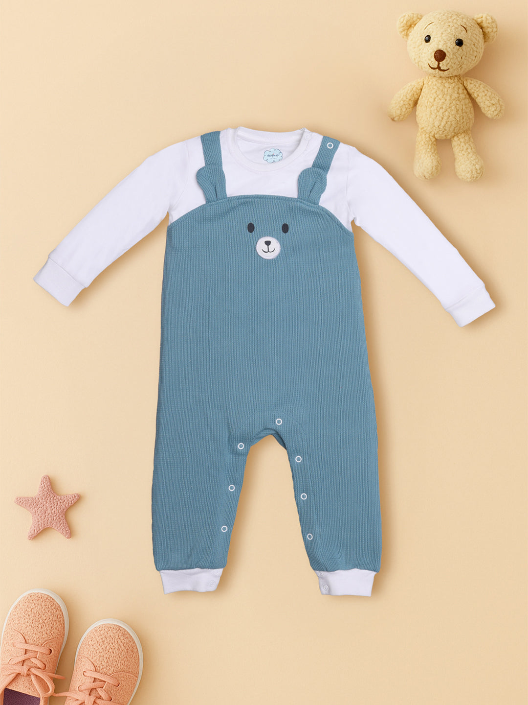 Nautinati Cotton Bear Print Blue And White Romper For Infant Boys