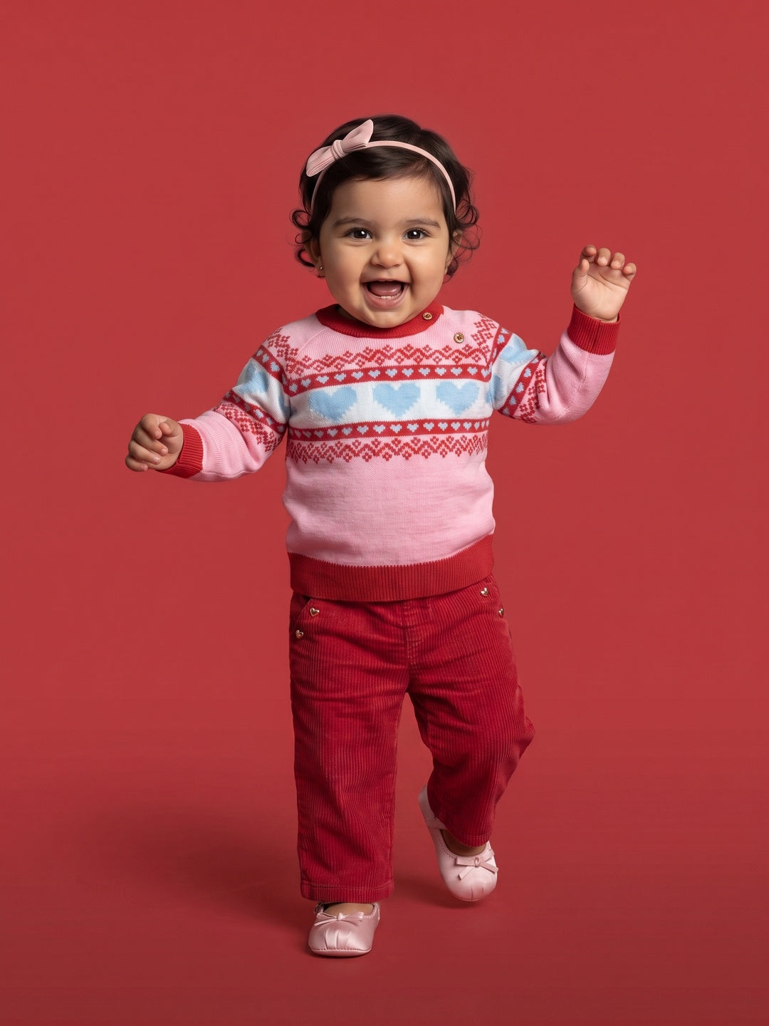 Nautinati Baby Girls Hearts Fairisle Knit Sweater with Button Closure, Relaxed Fit
