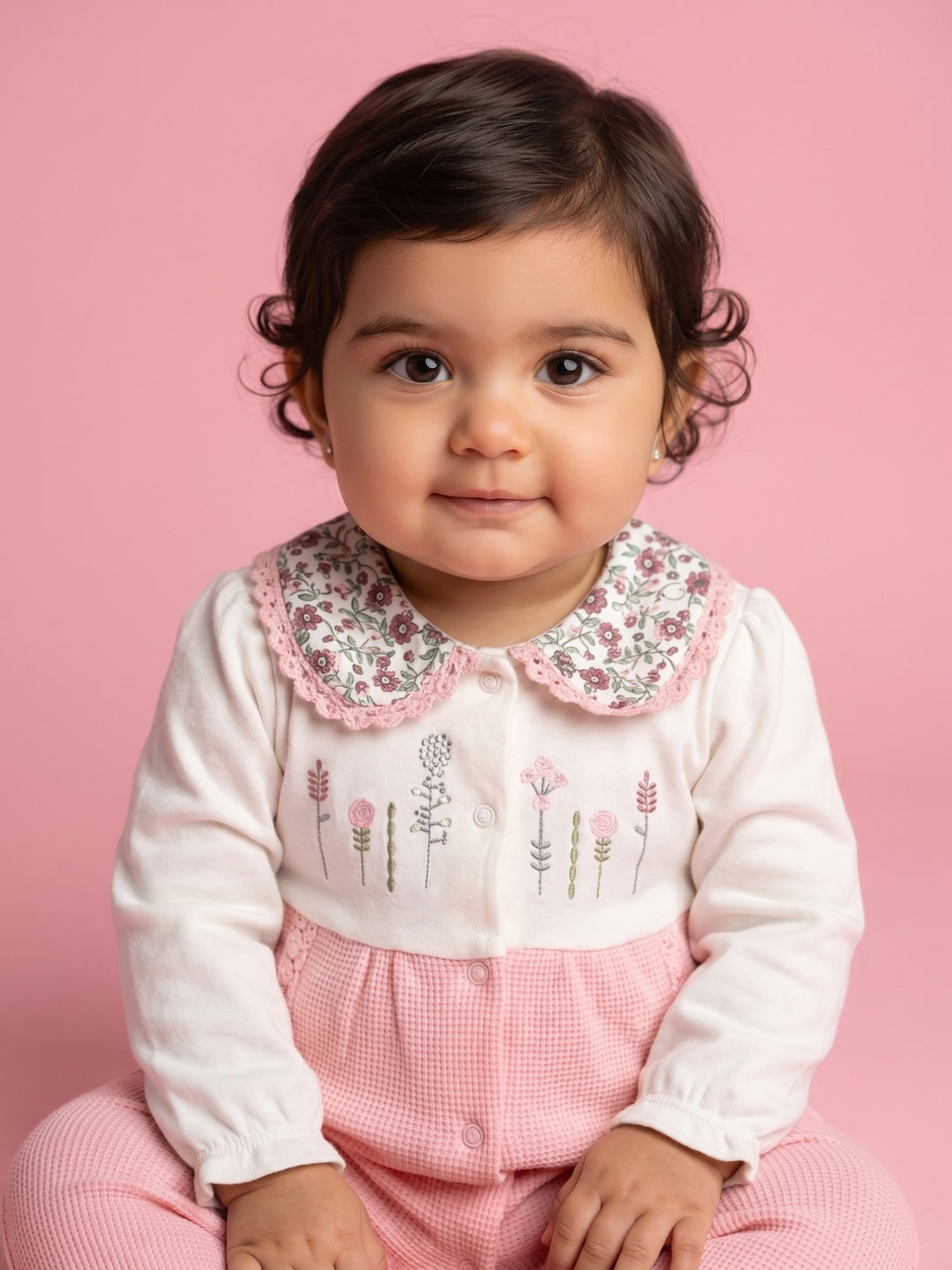 Nautinati Baby Girls' Cotton Floral Embroidered Jumpsuit with Peter Pan Collar and Snap Buttons