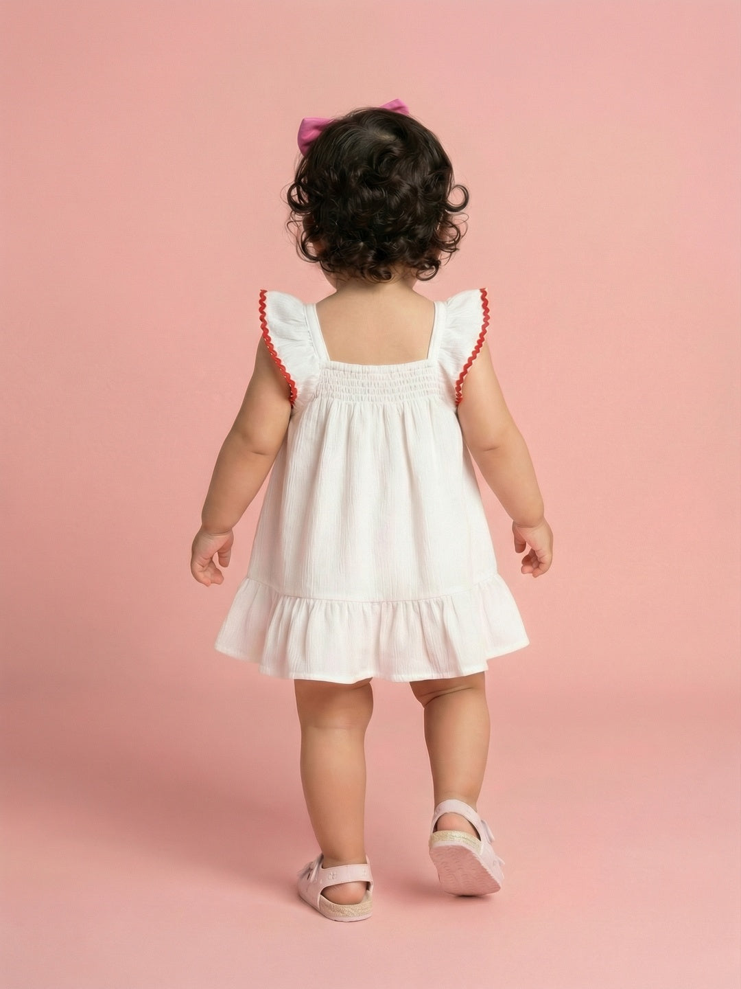 Nautinati Girls' A-line Polka Dot Embroidered Dress with Multicolour Tassels & Smocked Neck