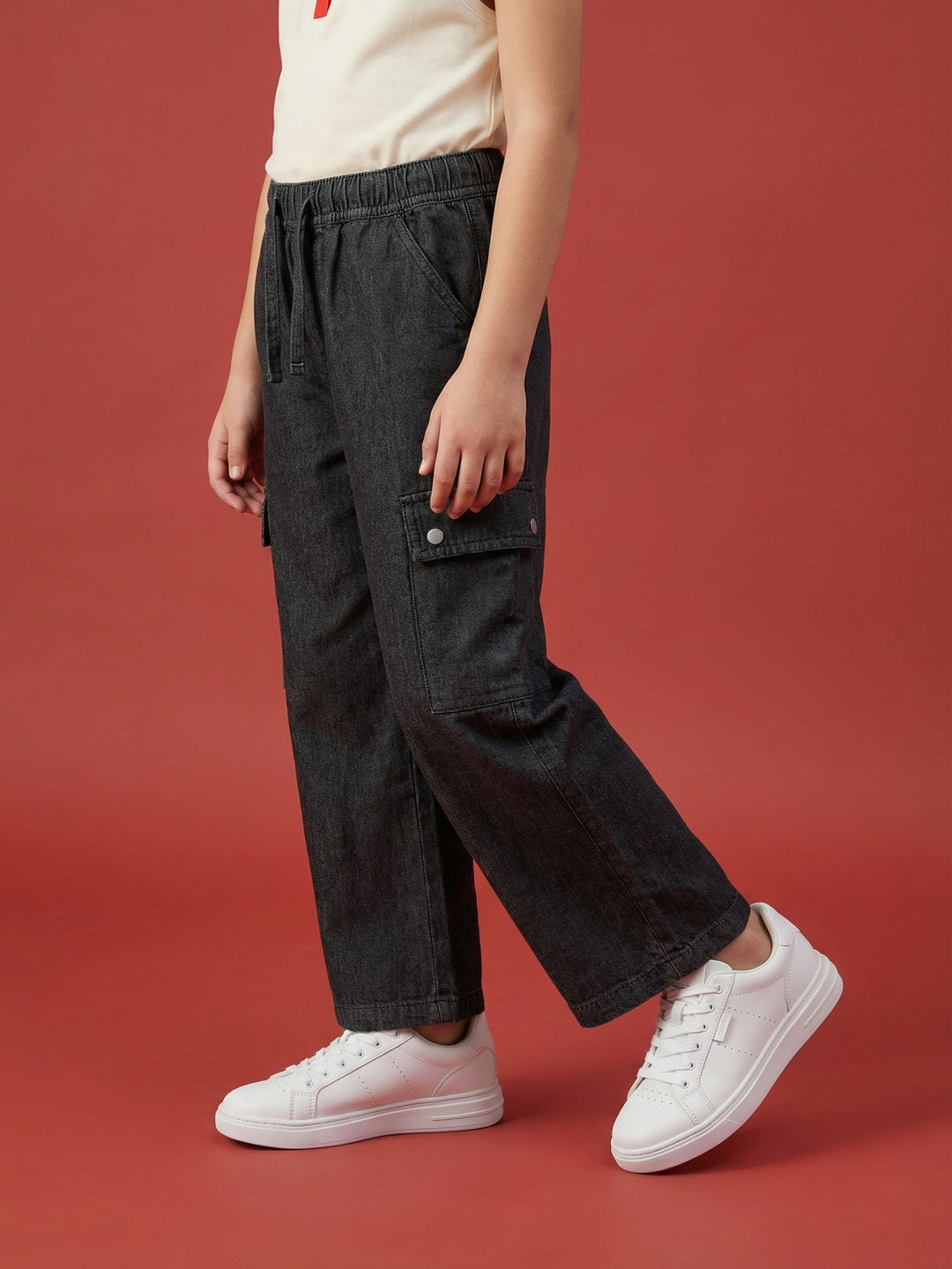 Nautinati Girls' 100% Cotton Baggy Solid Wide-leg Cargo Jeans