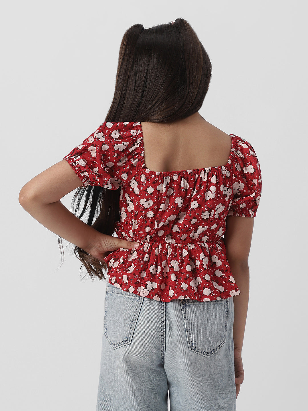 Nautinati Girls Floral Print Puff Sleeve Fit and Flare Top