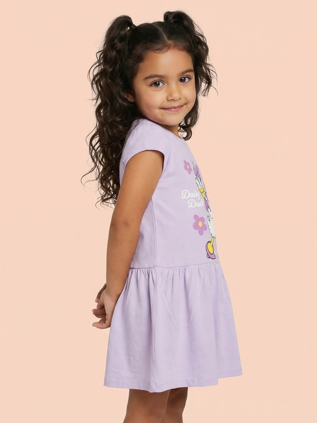 Nautinati Girls' 100% Cotton Disney Daisy Duck Floral Placement Print A-line Dress