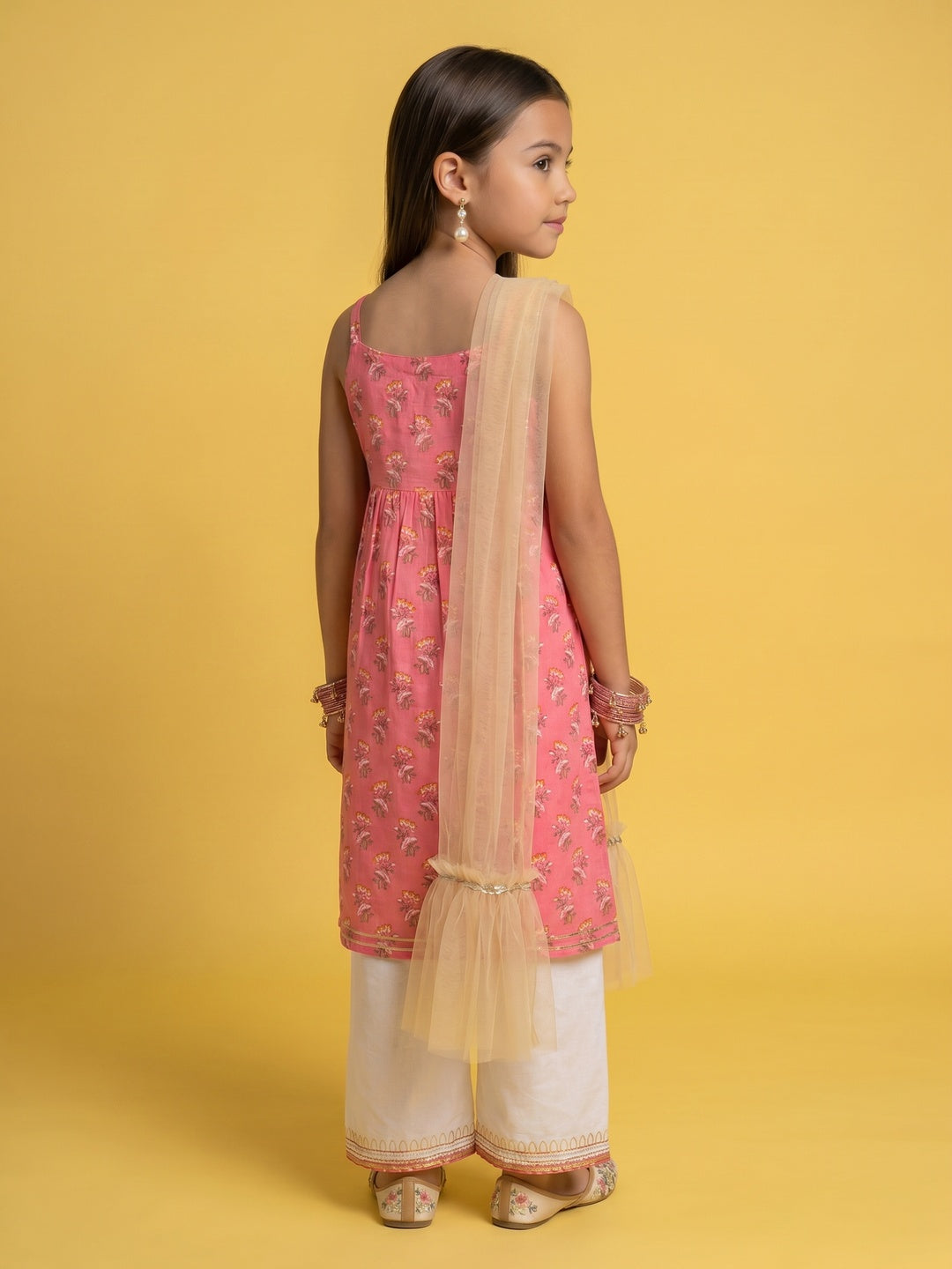 Girls Pink-White Floral Printed Cotton A-Line Kurta With Gathered Waist And Palazzo With Dupatta