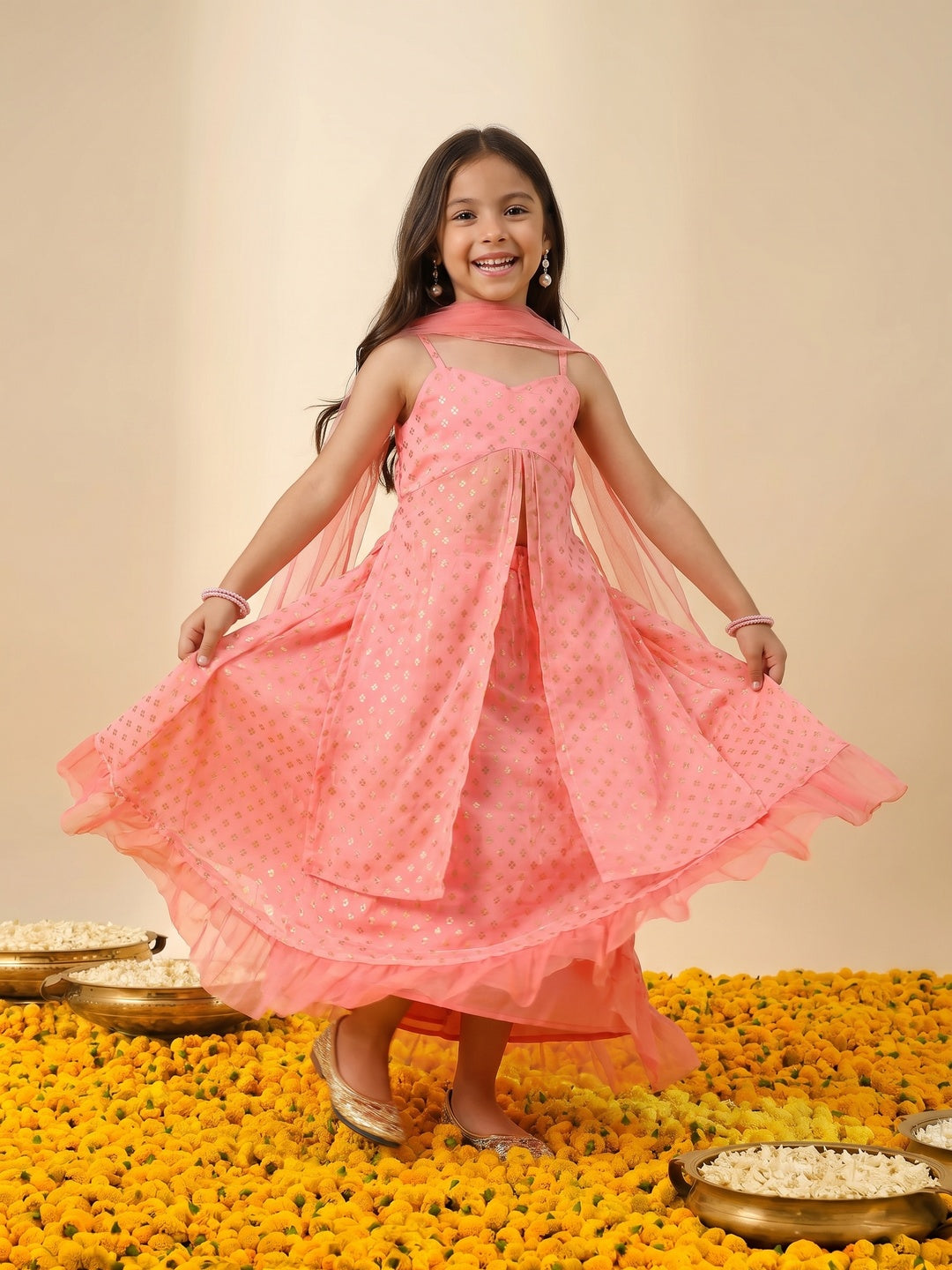 Nautinati Girls' Georgette Blend Ready-to-wear All-over Gold Toned Foil Print Lehenga & Blouse with Net Dupatta