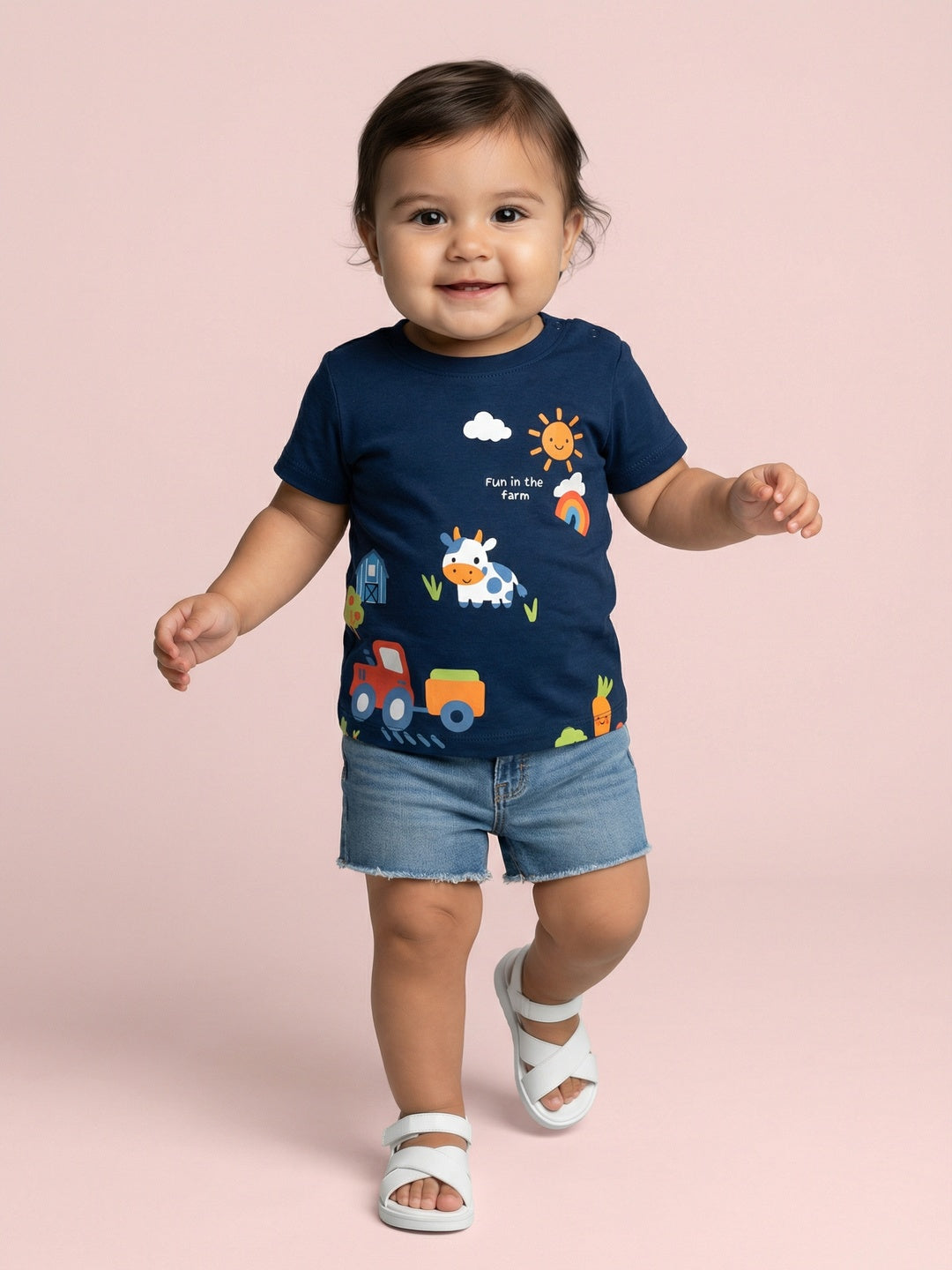 Nautinati Baby Girls' 100% Cotton Pack of 2 Printed Round Neck T-shirts