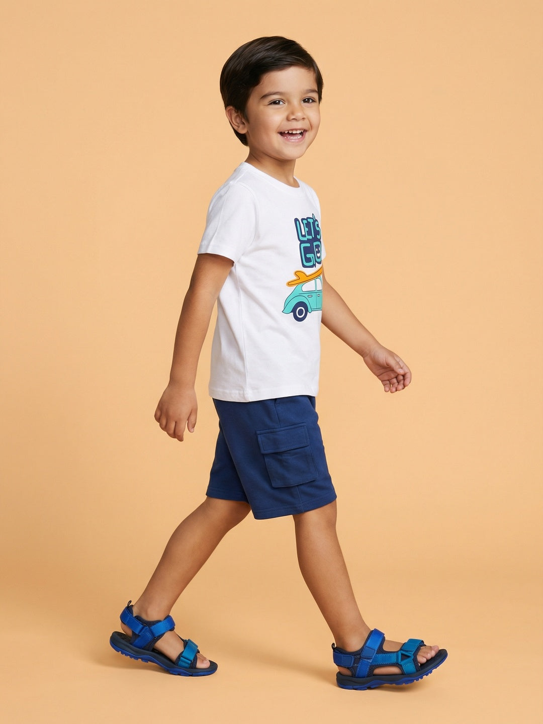 Nautinati Boys' Cotton Car Printed T-shirt and Cargo Shorts Co-ord Set