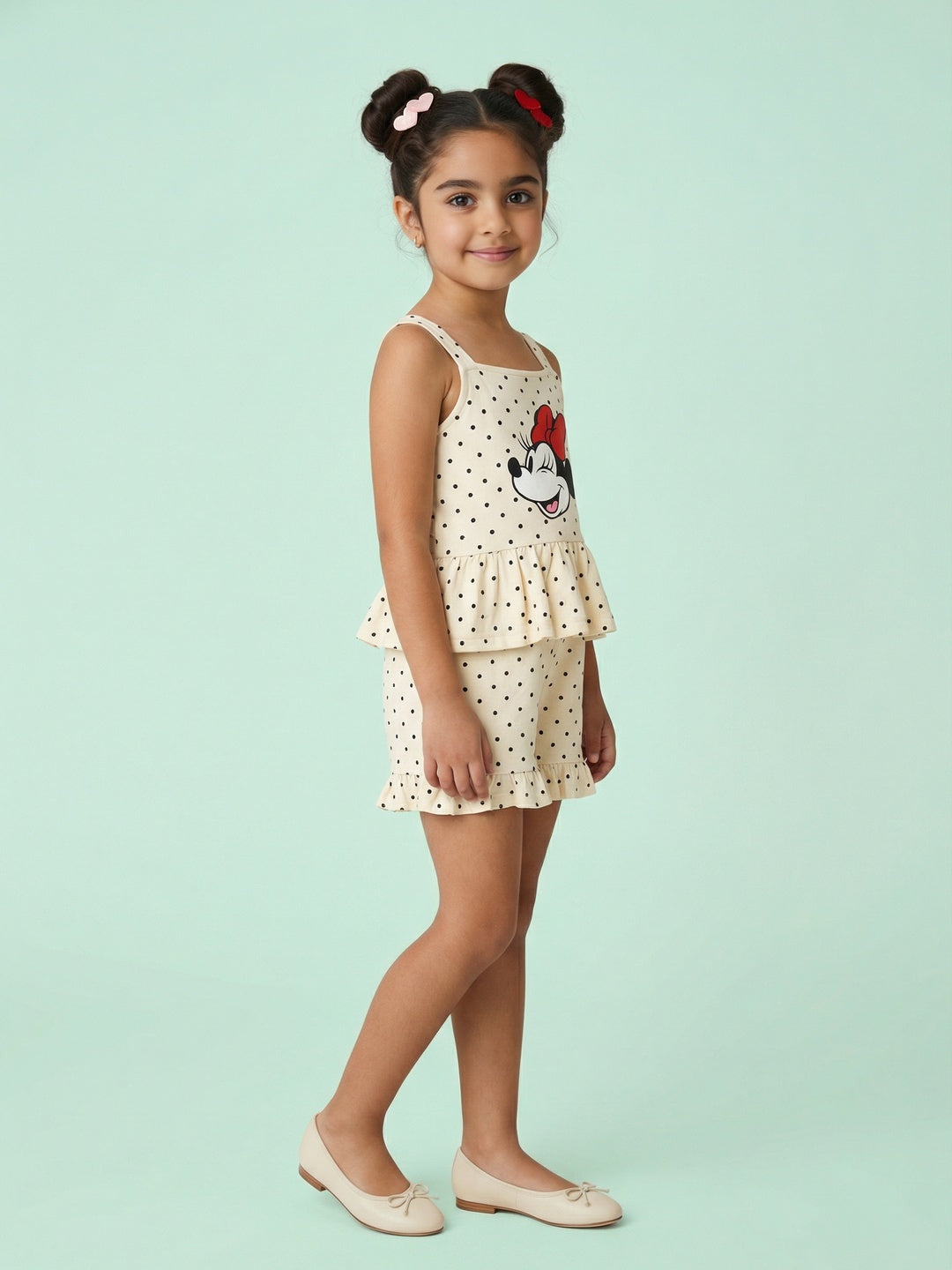 Nautinati Girls' 100% Cotton Disney Minnie Mouse Print with Polka Dots Jumpsuit with Ruffle Details