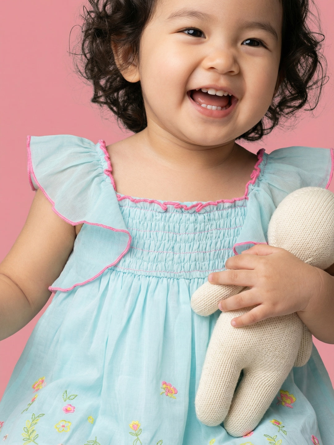 Nautinati Girls' Georgette Floral Embroidered Smocked A-Line Dress