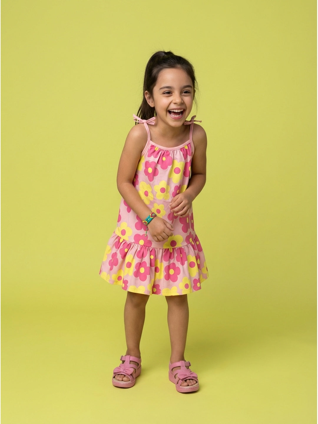 Nautinati  Girls All-over Floral Printed Relaxed Fit Tie-up Style Sleeveless Dress