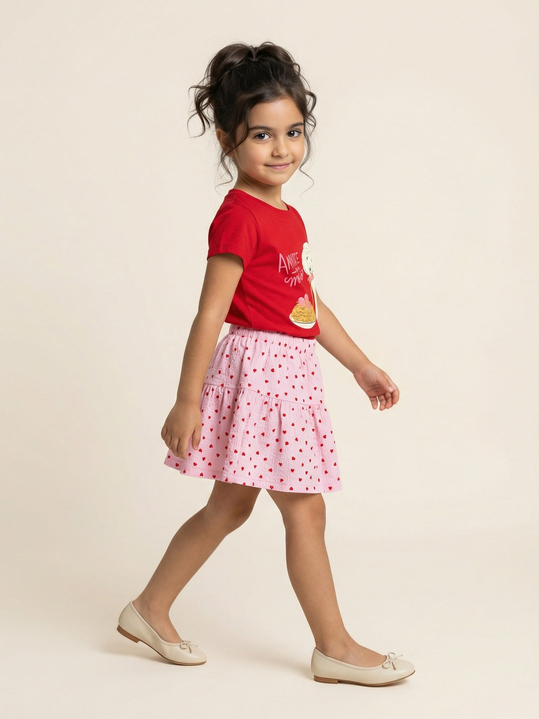 Nautinati Girls Red Regular Fit Crew Neck Cotton Graphic T-shirt and All Over Print Pink Crepe Skirt Summer Clothing Set