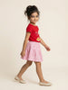 Nautinati Girls Red Regular Fit Crew Neck Cotton Graphic T-shirt and All Over Print Pink Crepe Skirt Summer Clothing Set