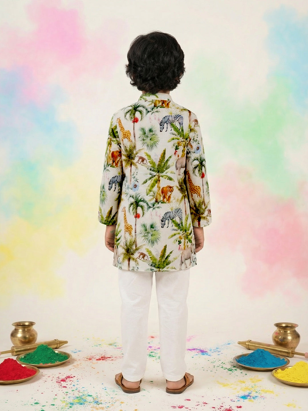 Boys' 100% Cotton Festive Resort Style Printed Kurta & Solid Pyjama Set