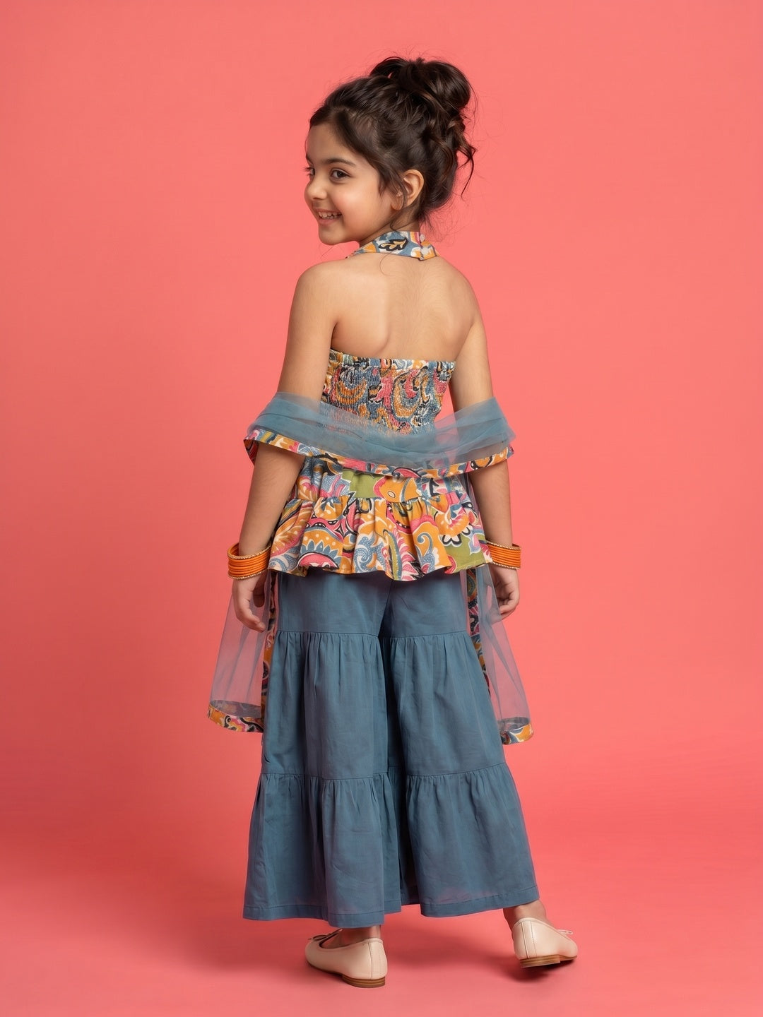 Nautinati Girls' A-line All-over Paisley Print Kurti, Solid Sharara, Net Dupatta Set with Gota Patti Details