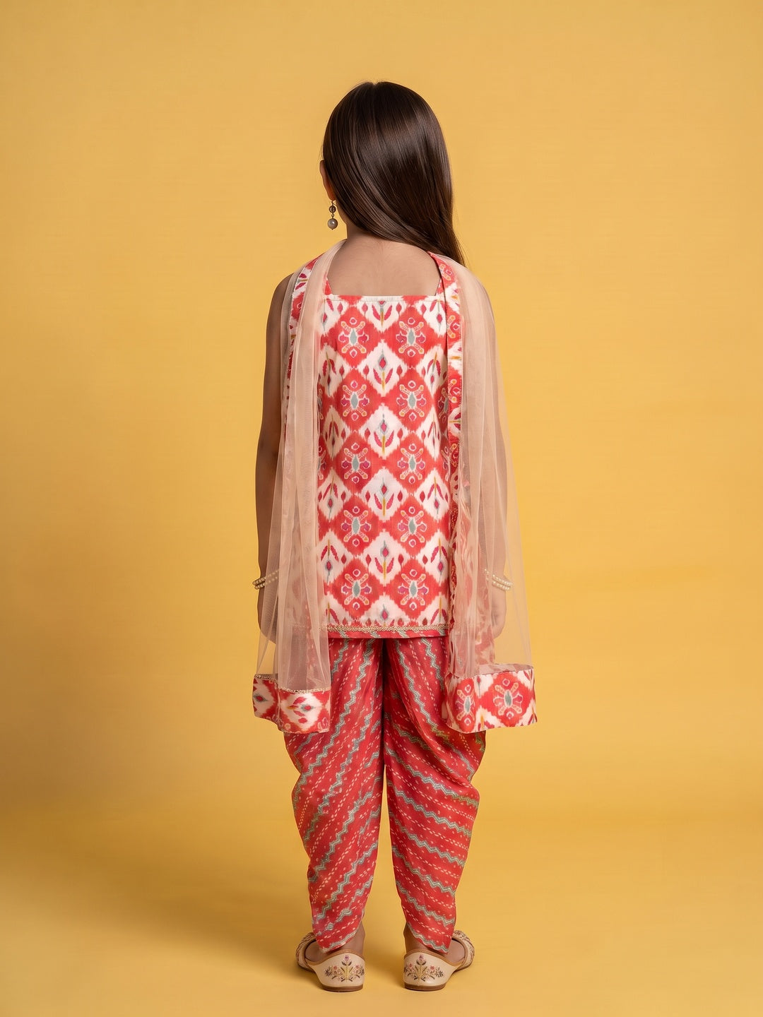 Nautinati Girls' 100% Cotton All-over Print Kurti With Dhoti Pants & Net Dupatta