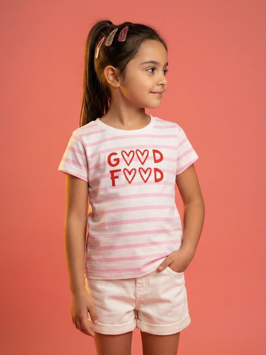 Nautinati Girls' 100% Cotton Pack of 2 Graphic & Striped Crew Neck T-shirts