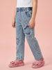 Nautinati Girls' 100% Cotton Regular Fit Stretchable Floral, Stars & Heart Embroidered Distressed Jeans with Patchwork