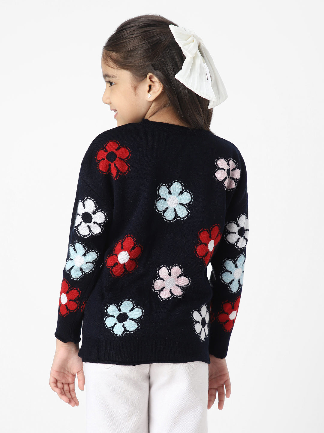 Girls Floral Jacquard Pullover Sweater