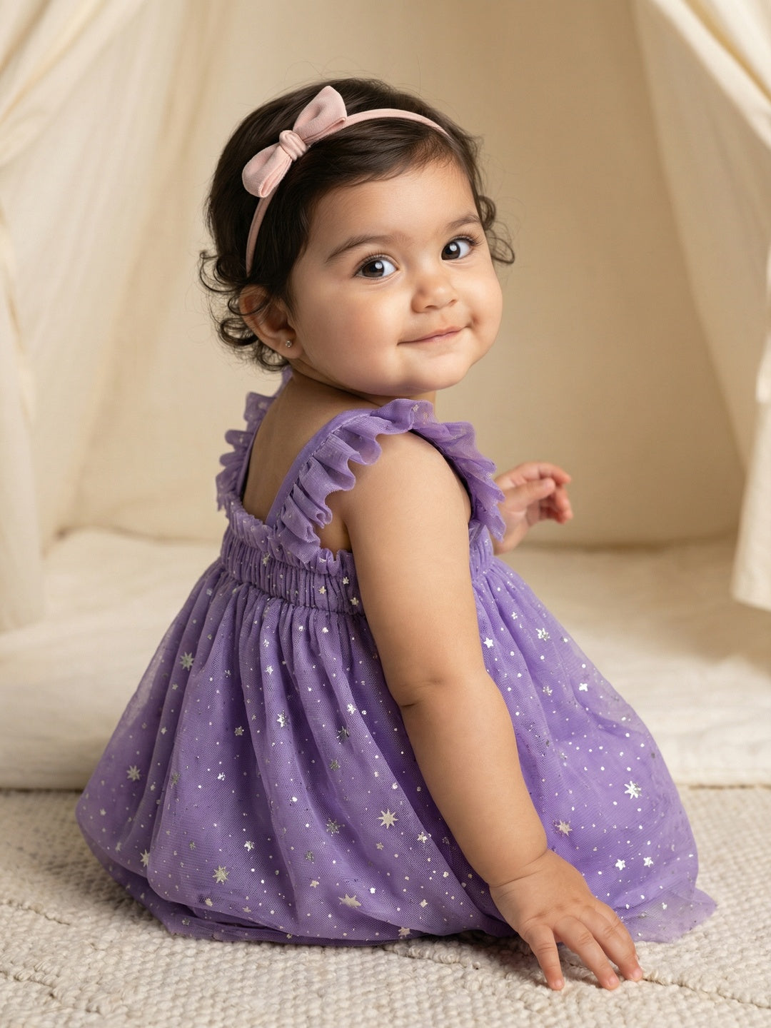 Nautinati Baby Girls' A-line Holographic All-over Star Foil Print Mesh Party Dress with Sequinned Bow