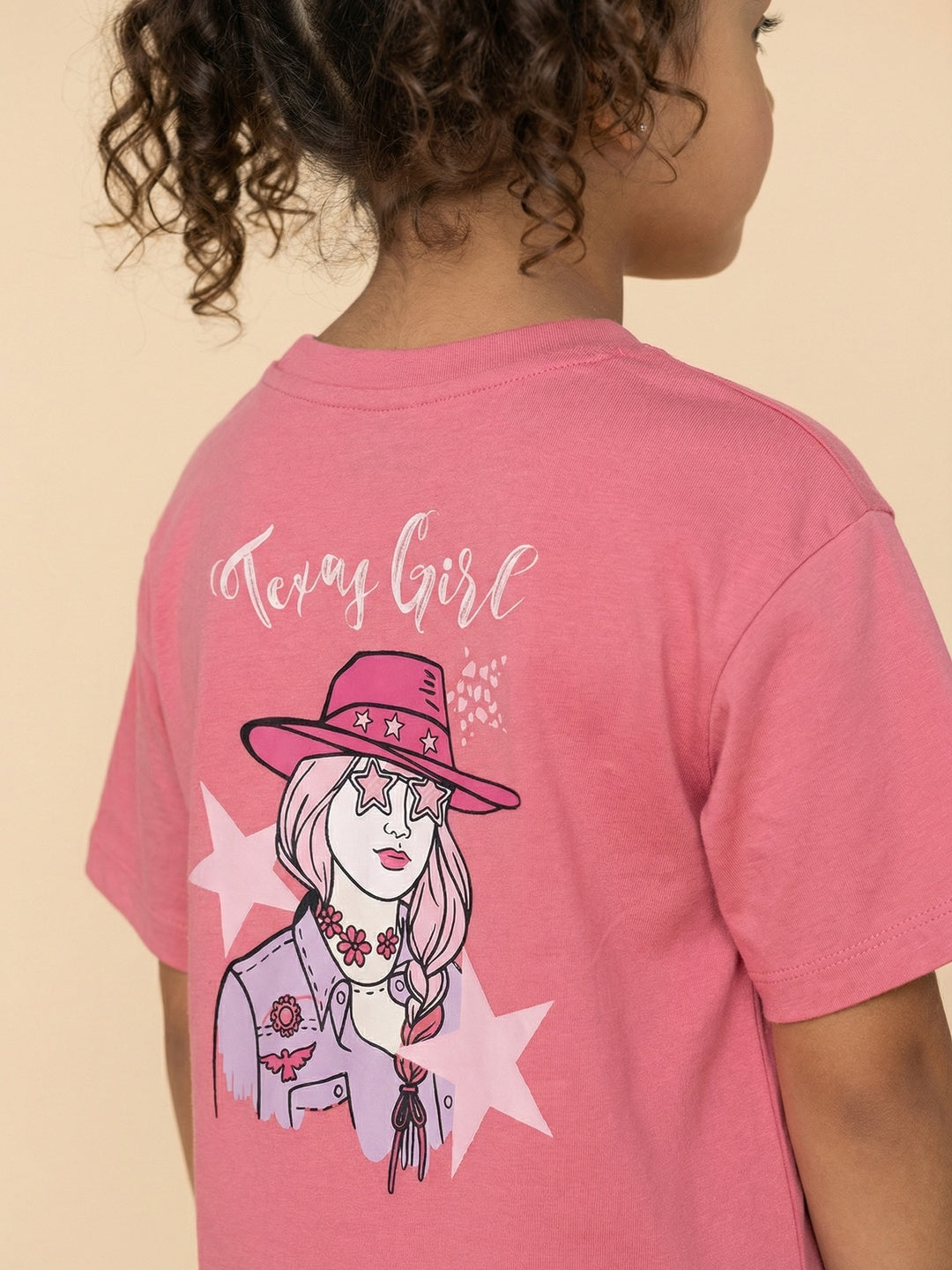 Nautinati Girls Pink Cotton Cowgirl Print Oversized Fit Crew Neck T-shirt and Elasticated Shorts Clothing Set
