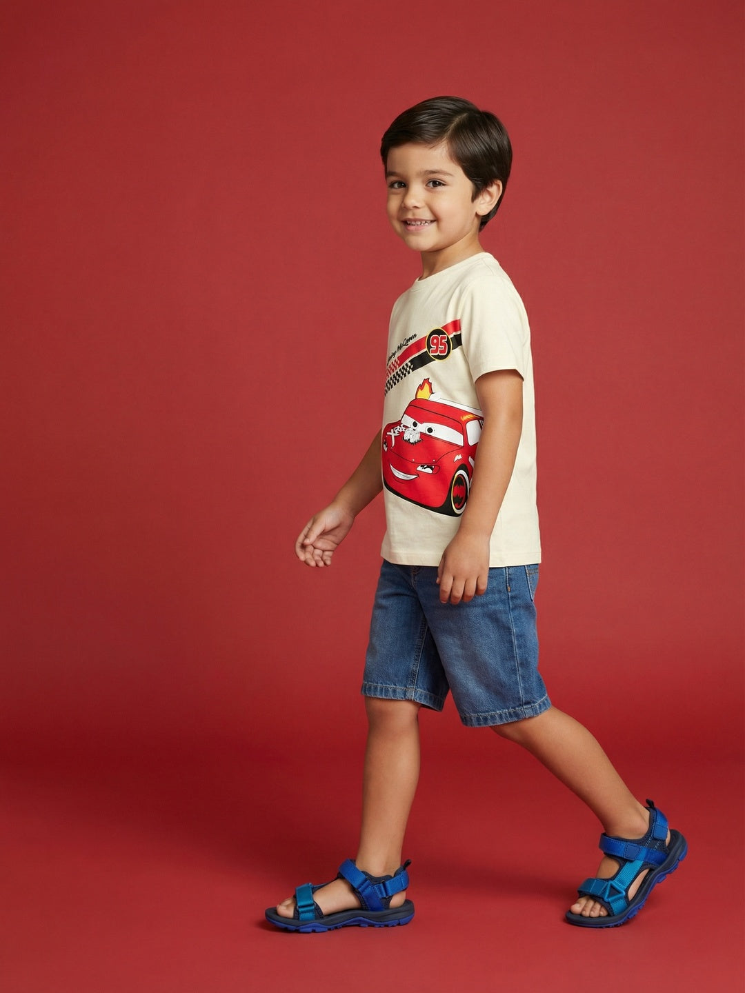 Nautinati Boys' 100% Cotton Crew Neck Disney Cars Placement Print T-shirt