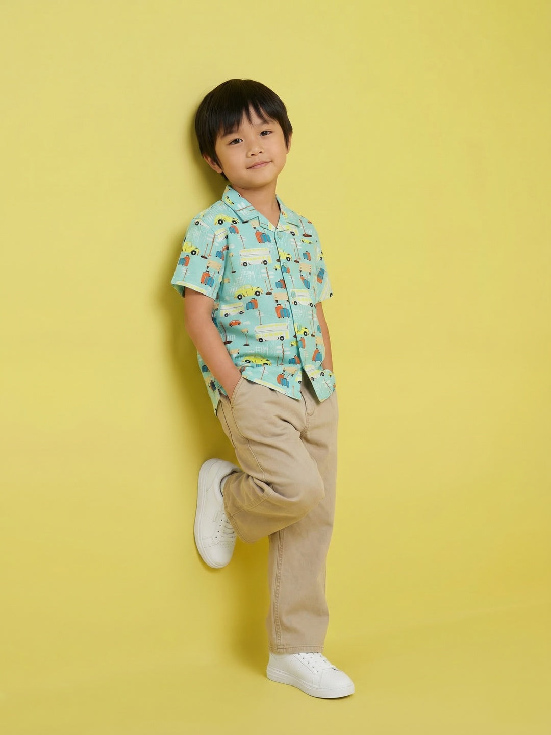 Nautinati Boys' 100% Cotton Cars Graphic Printed Resort Shirt