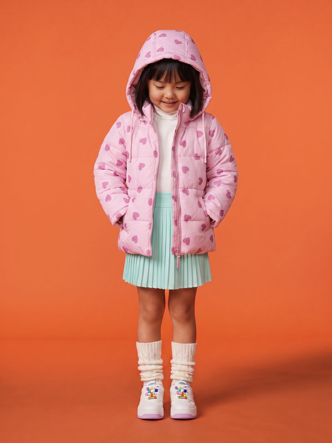 Nautinati Girls Regular Fit Hooded Hearts Printed Puffer Jacket with Front Zip